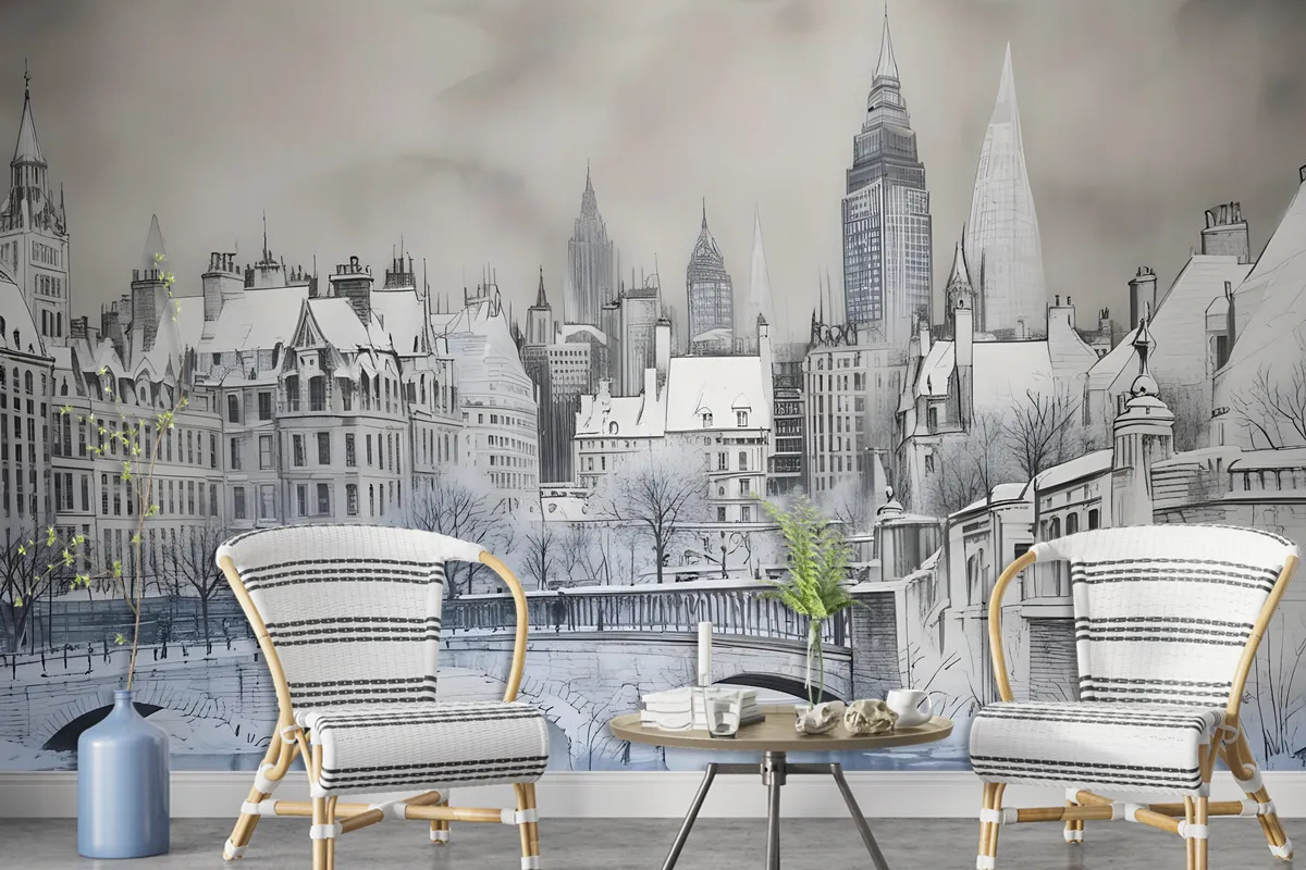 London Charcoal Drawing City Wallpaper Mural