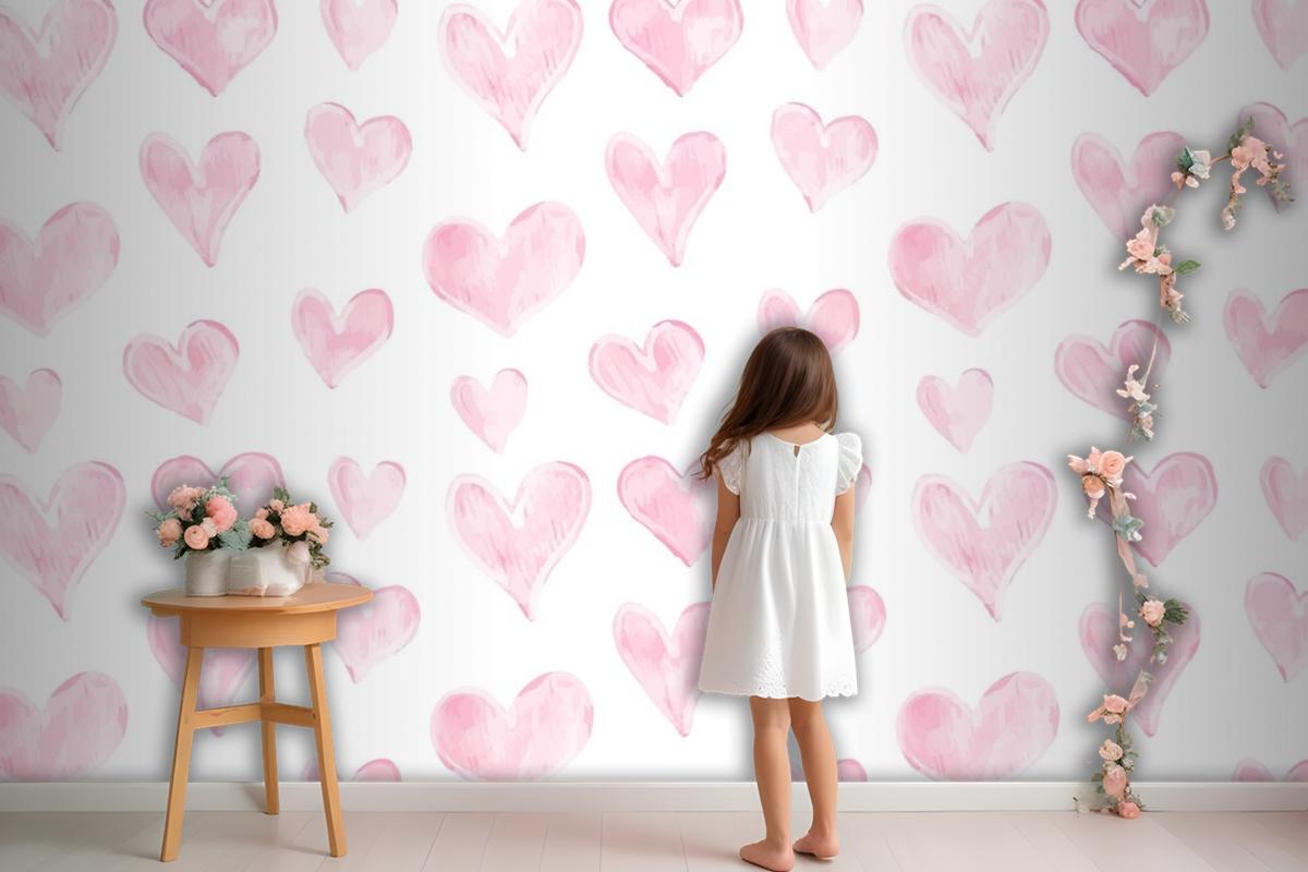 Love Heart Pattern Hand Drawn Valentines Day Wallpaper Mural