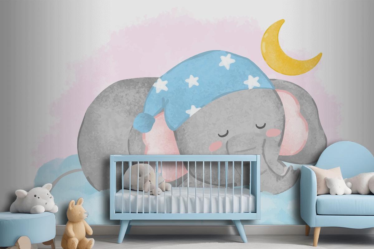 Lovely Elephant Sleeping On The Cloud In Painting Watercolor Wallpaper Mural