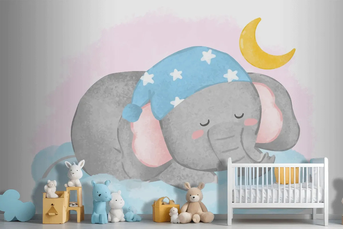 Lovely Elephant Sleeping On The Cloud In Painting Watercolor Wallpaper Mural