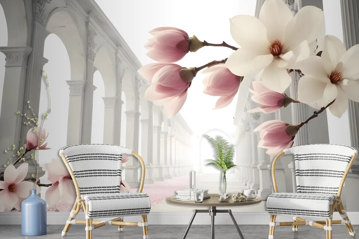 Magnolia Blossom With Column Wallpaper Mural