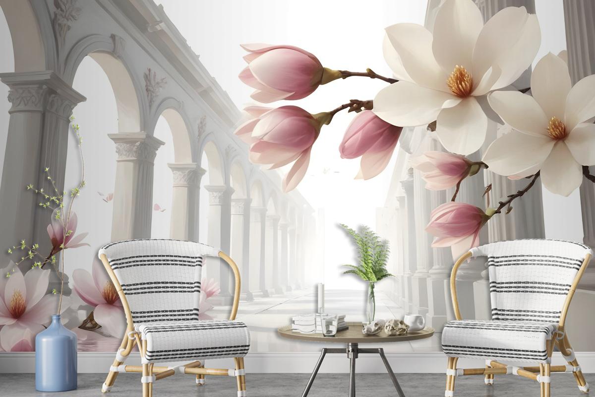 Magnolia Blossom With Column Wallpaper Mural