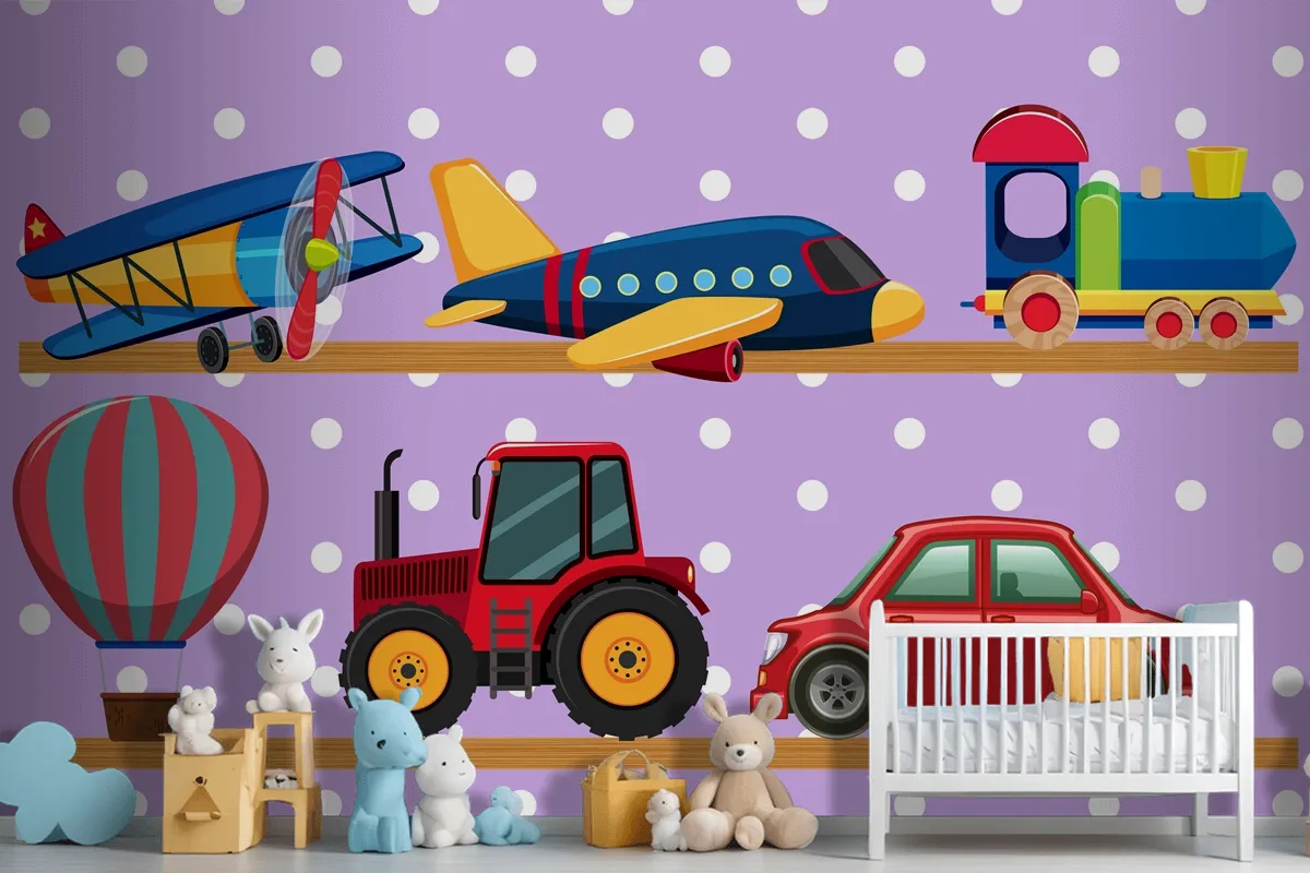 Many Transportation Toys On Wooden Shelves Wallpaper Mural