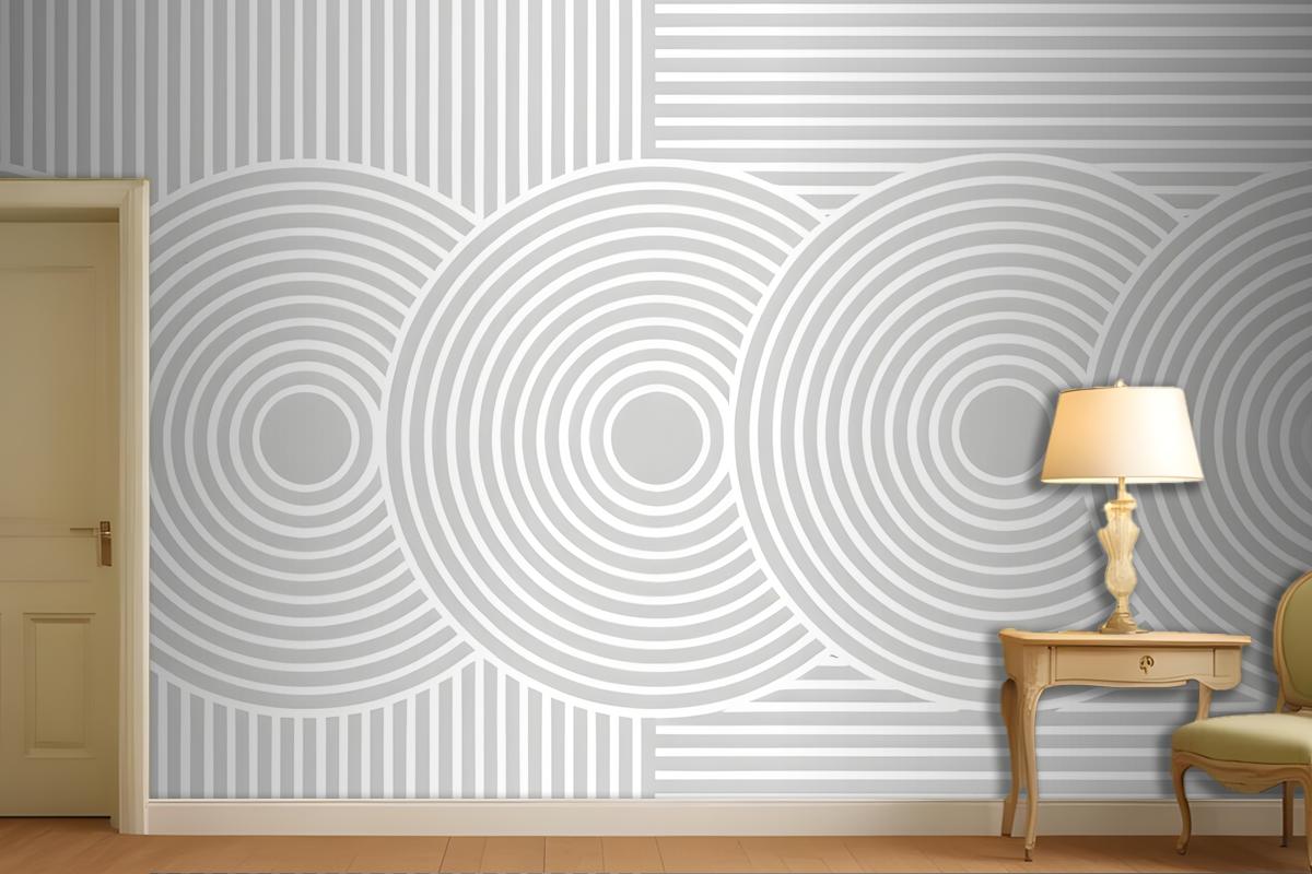 Minimalist Abstract Geometric Patterns Of Concentric Circles And Vertical Lines In Shades Of Gray Wallpaper Mural