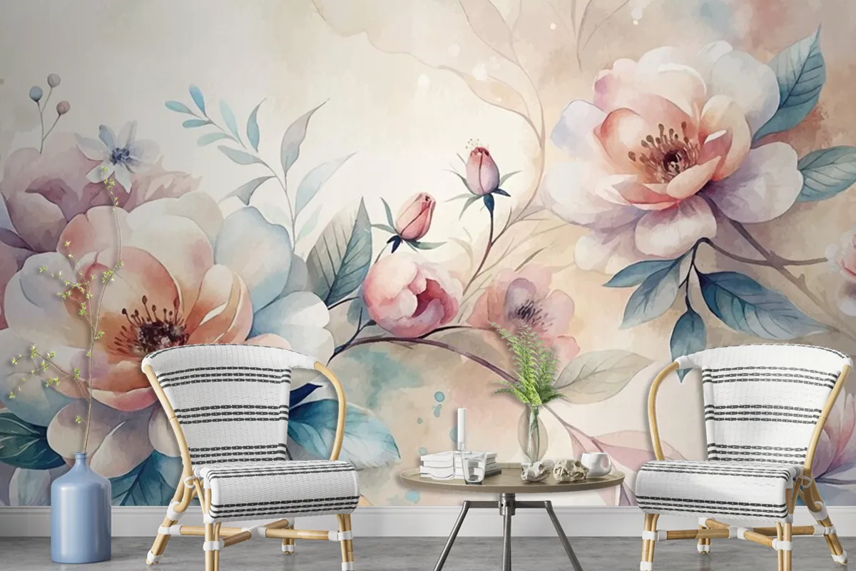 Minimalist Blooming Flower Watercolor Background Beautifully Scattered Wallpaper Mural