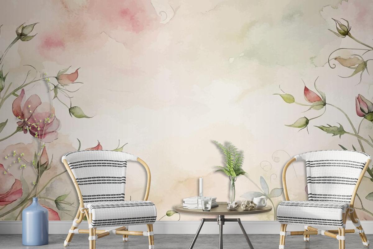 Minimalist Watercolor Background Of Sweet Peas Flowers Wallpaper Mural