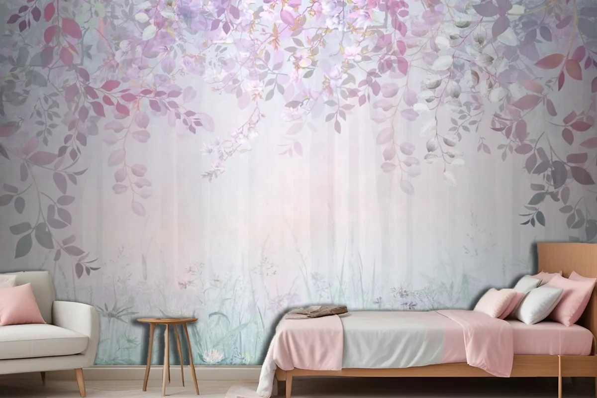 Misty Forest In A Rainbow Haze With Hanging Branches And Meadow Flowers Wallpaper Mural