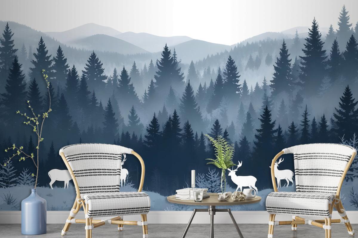 Misty Forest Landscape And Horned Deer Wallpaper Mural