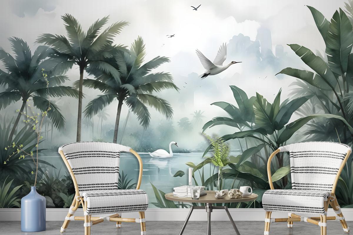 Misty Tropical Forest With Lake Wallpaper Mural