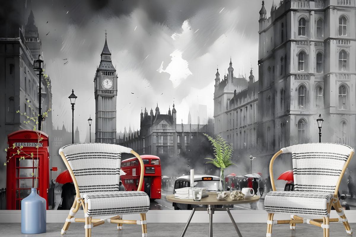 Monochrome Charcoal City Landscape And Red Bus Wallpaper Mural