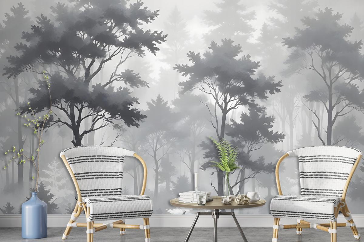 Monochrome Forest Silhouette Landscape Wallpaper Mural