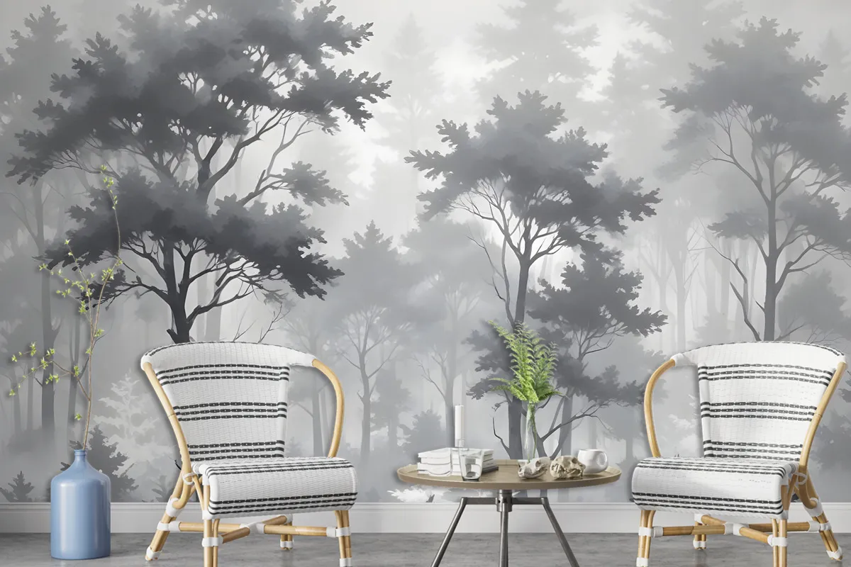 Monochrome Forest Silhouette Landscape Wallpaper Mural