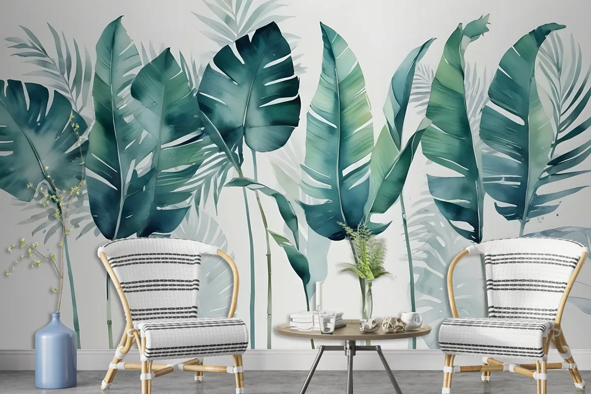 Monochrome Green Banana Leaf Wallpaper Mural