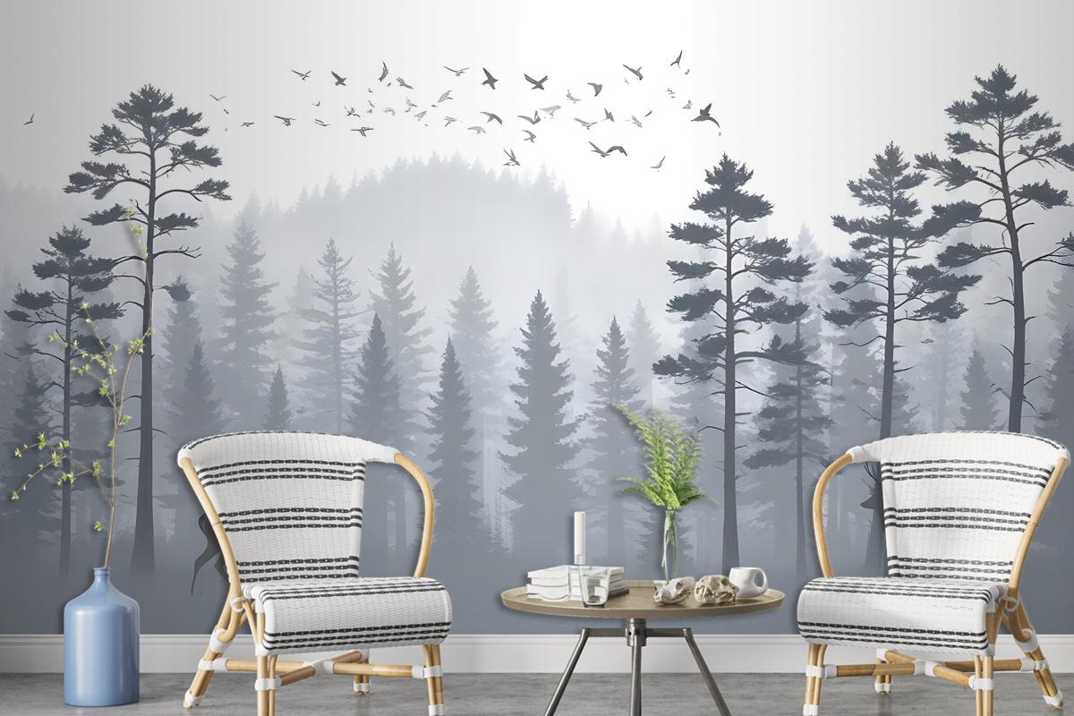 Monochrome Mountain And Forest Scape Wallpaper Mural