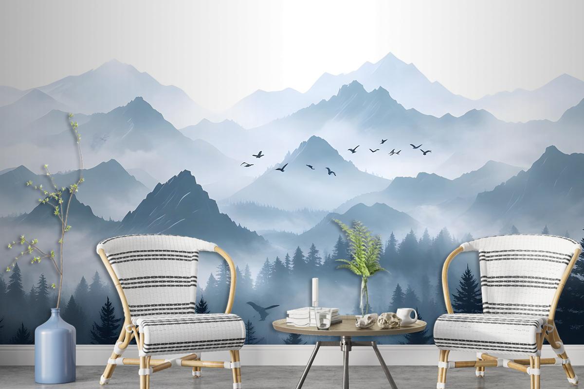 Monochrome Mountainscape With Misty Forest Wallpaper Mural