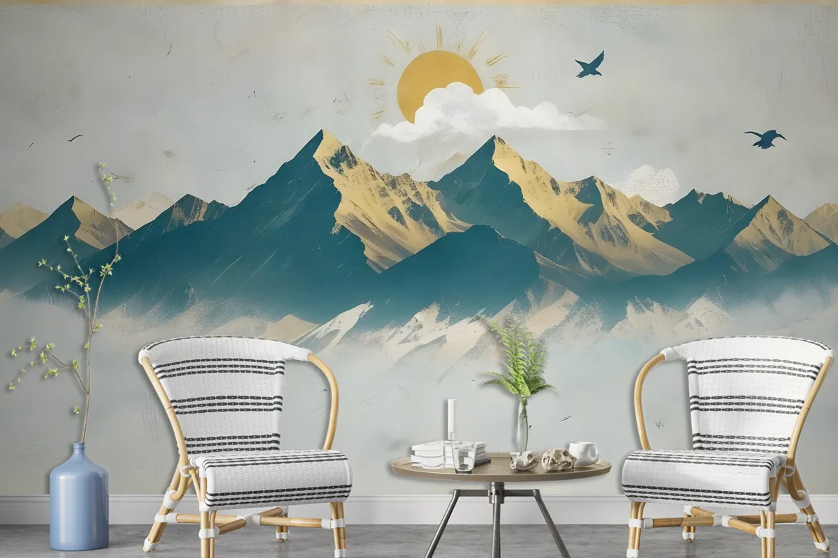 Mountain Sunrise Landscape And Old Plaid Texture Wallpaper Mural