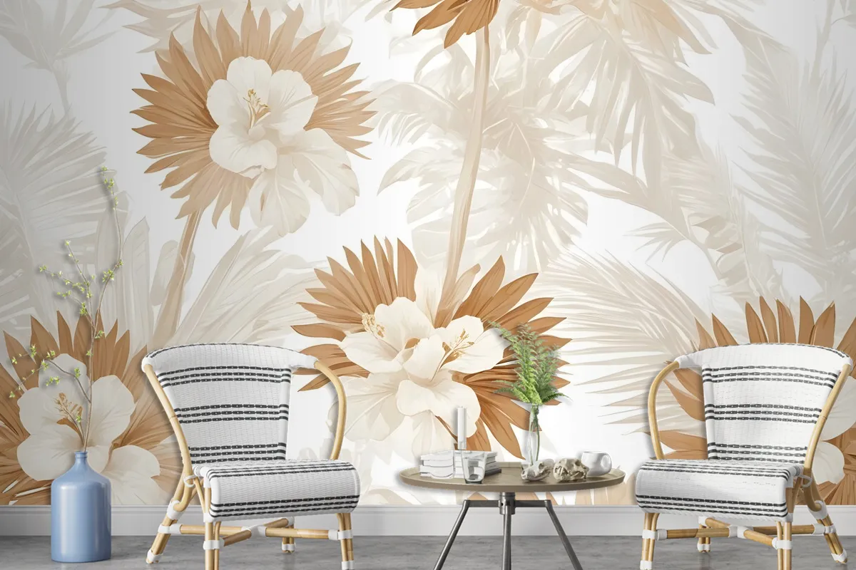 Neutral Boho Plants With Palm Leaf Wallpaper Mural