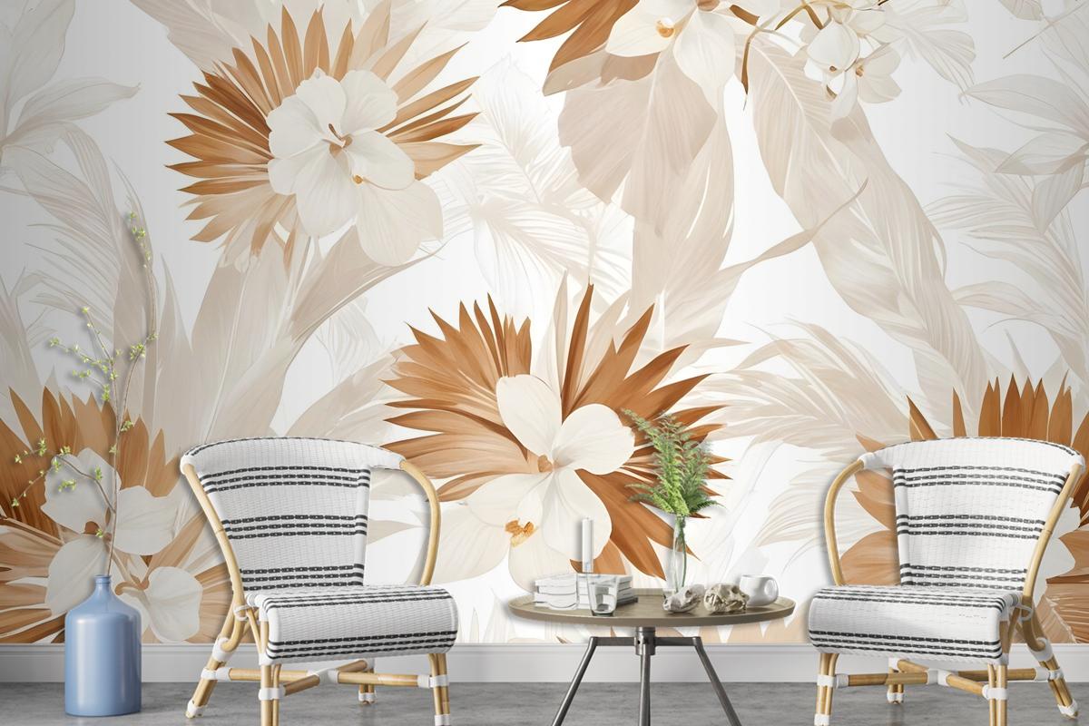 Neutral Boho Plants With Palm Leaf Wallpaper Mural