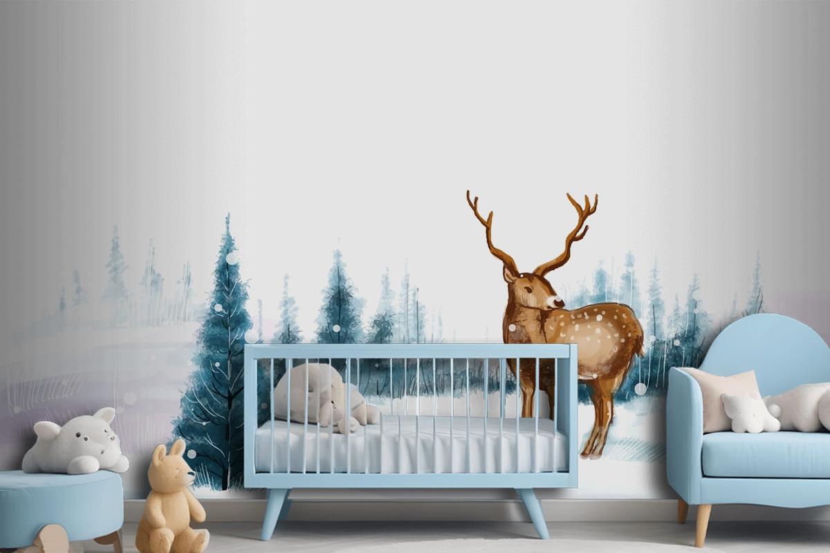 New Year And Christmas Tree Winter Landscape Background With Reindeer Wallpaper Mural