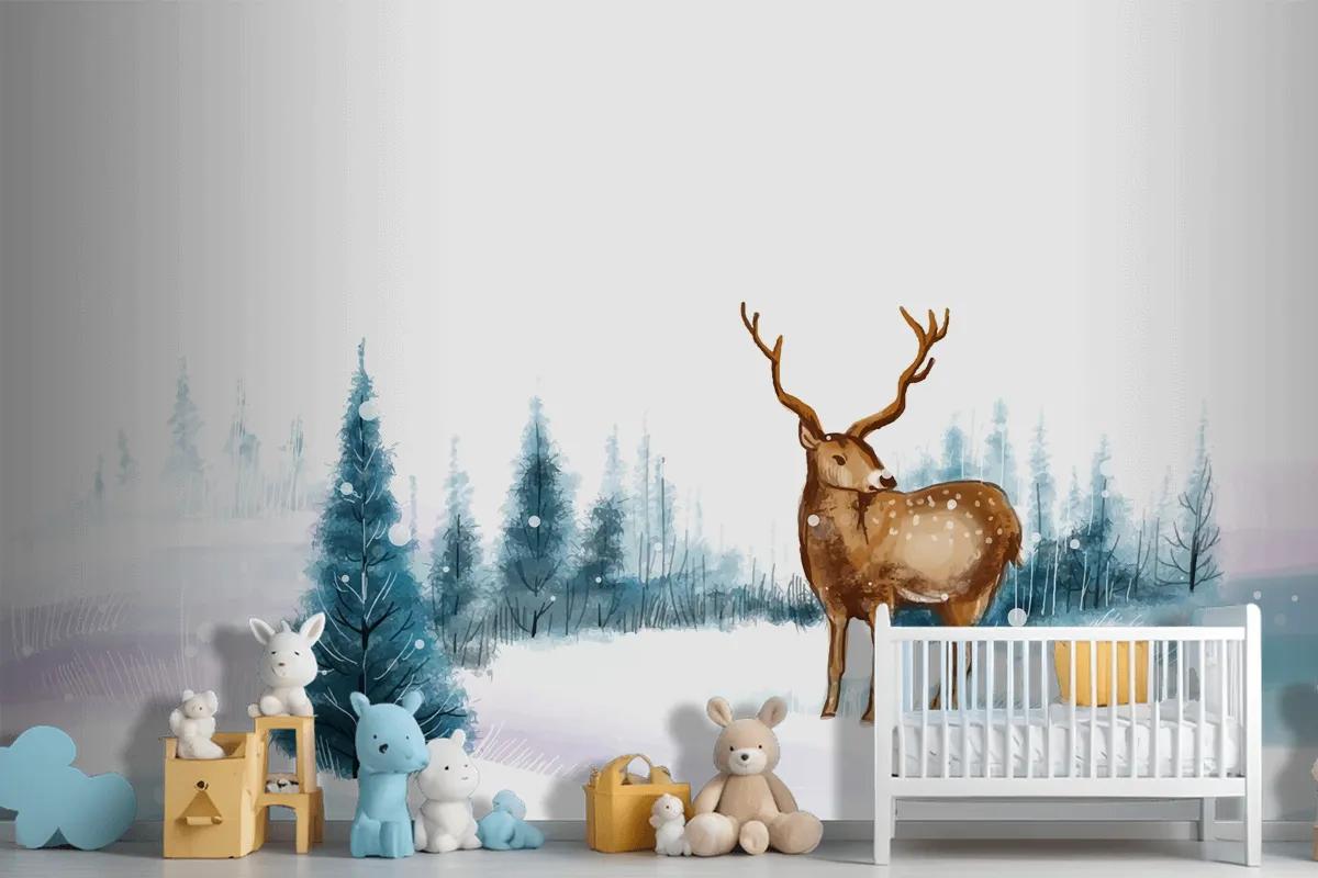 New Year And Christmas Tree Winter Landscape Background With Reindeer Wallpaper Mural