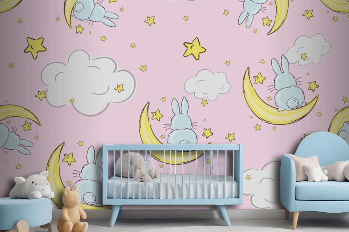 Night Sky Doodle Pattern With Cute Rabbits Sitting On Moons And Stars Seamless Wallpaper Mural