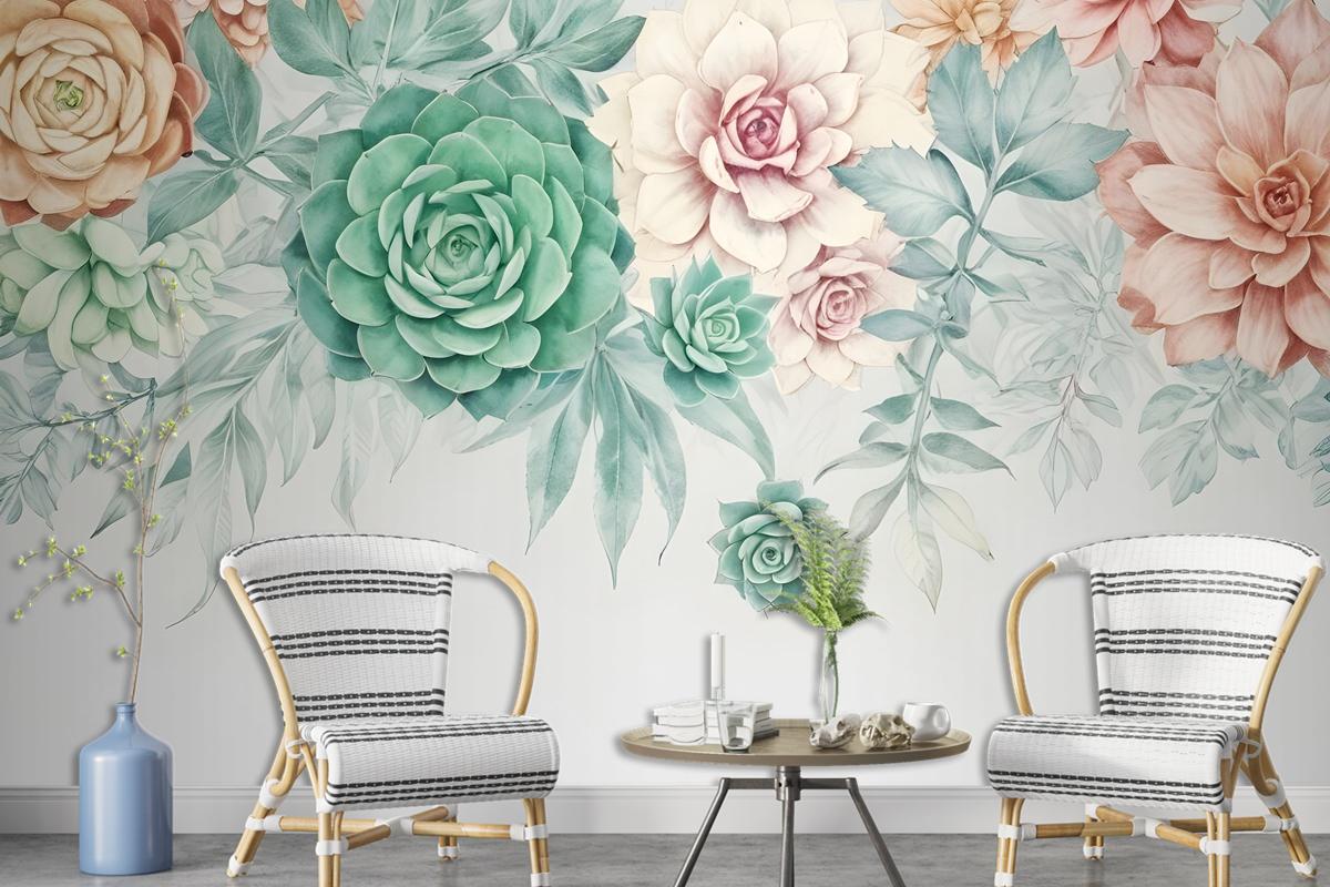 Nostalgic Soft Green Vine Floral Art Wallpaper Mural