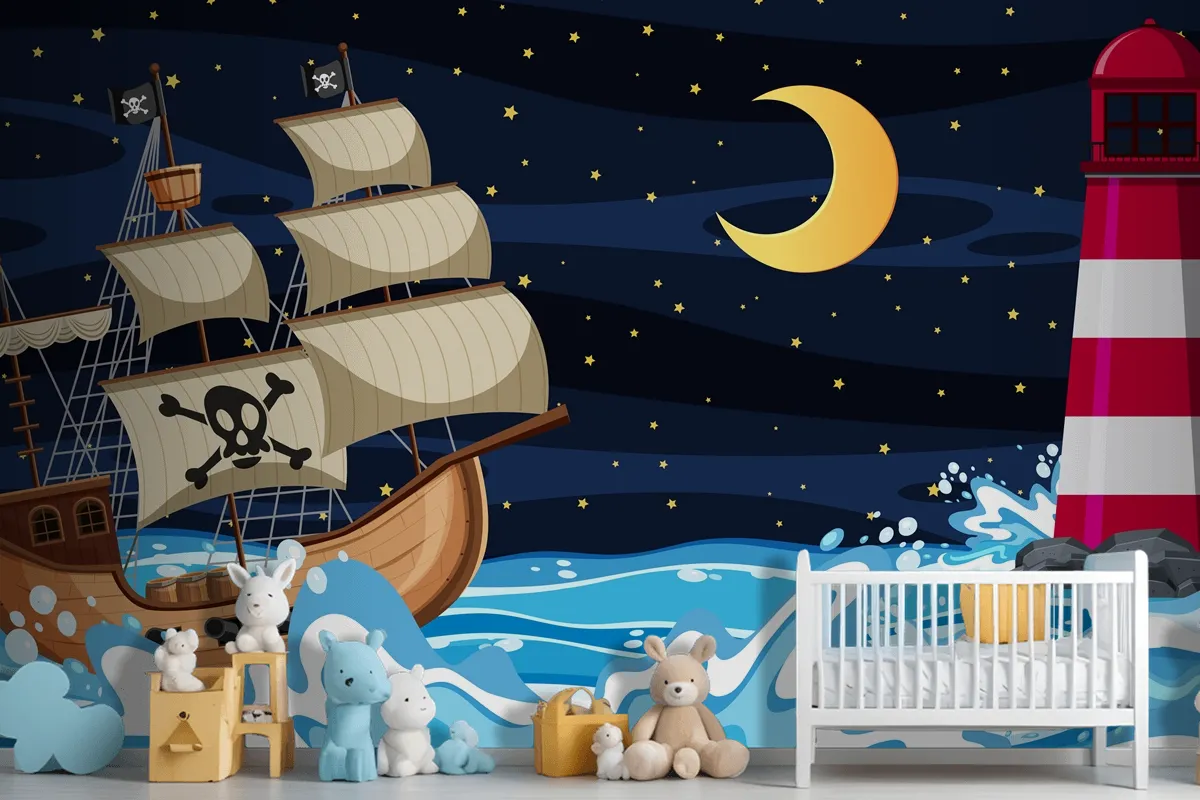 Ocean Scene At Night With Pirate Ship In Cartoon Style Wallpaper Mural