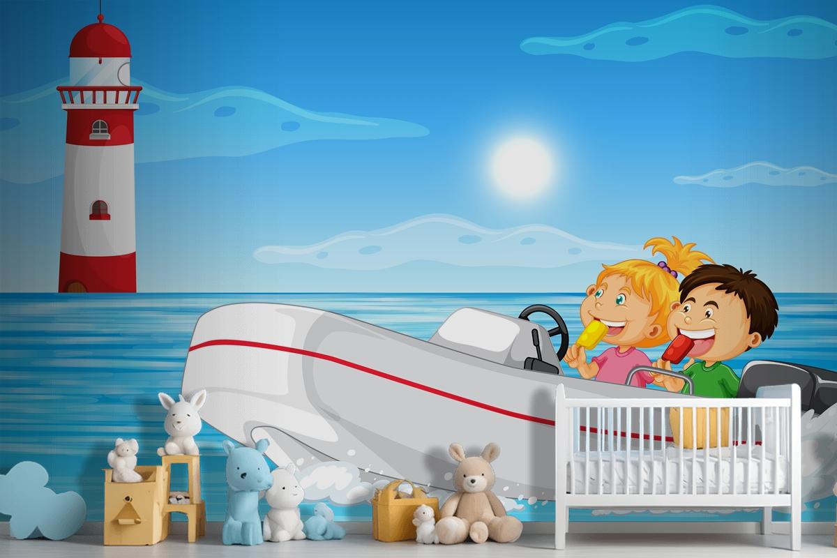 Ocean Scenery With Children On Motorboat Wallpaper Mural