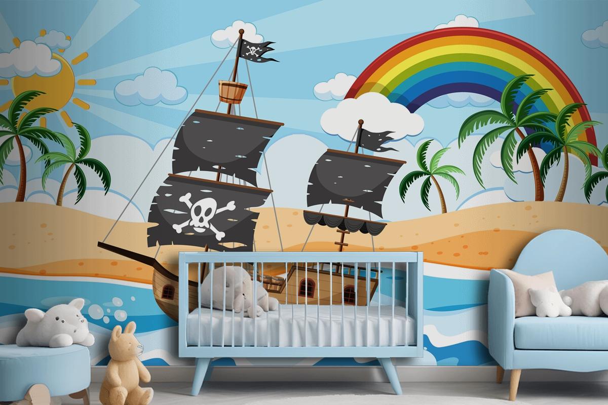 Ocean With Pirate Ship At Day Time Scene In Cartoon Style Wallpaper Mural