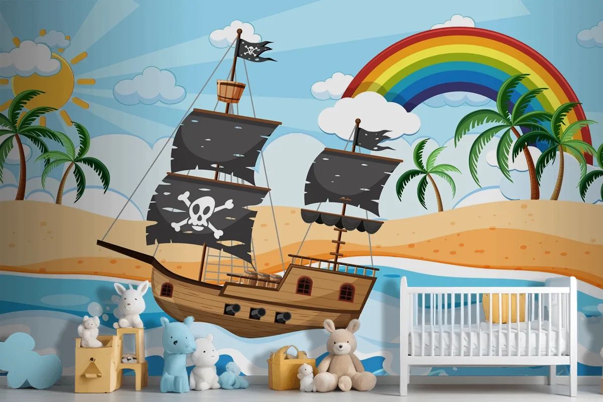 Ocean With Pirate Ship At Day Time Scene In Cartoon Style Wallpaper Mural