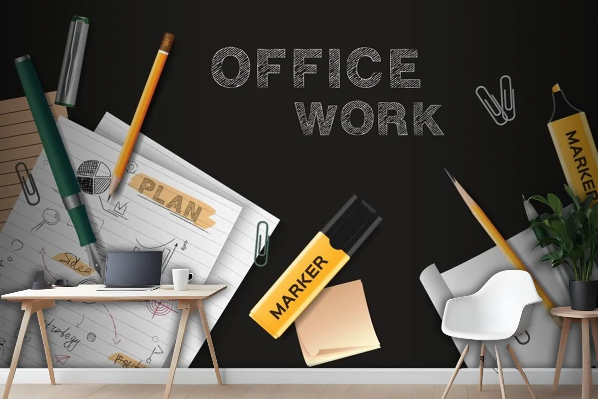 Office Work Black Chalkboard With Sheets Of Paper With Notes Scattered On It Realistic Wallpaper Mural