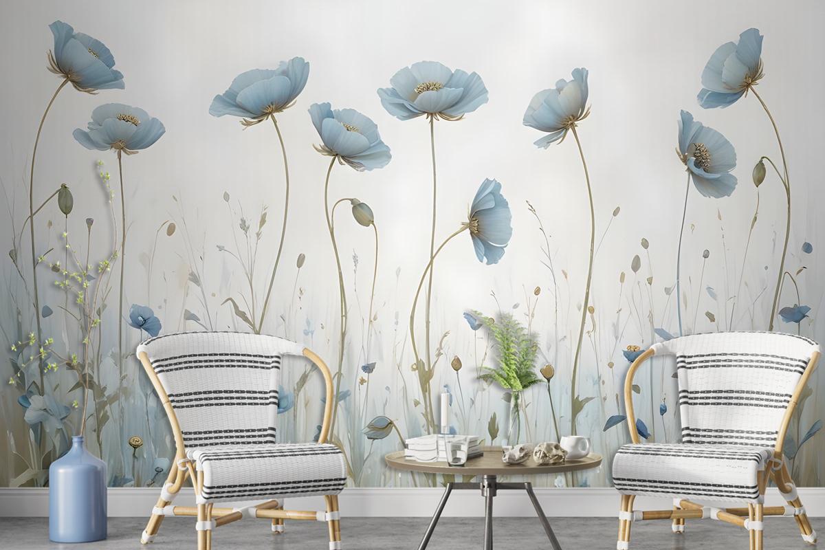 Oil Painting Blue Poppy Flowers Wallpaper Mural