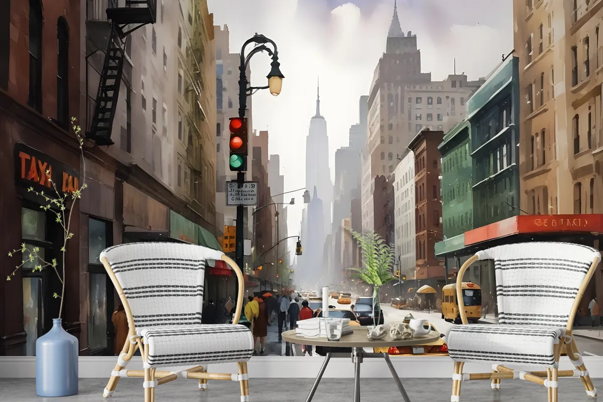 Oil Paintinging Style Street View Of New York City Landscape Wallpaper Mural