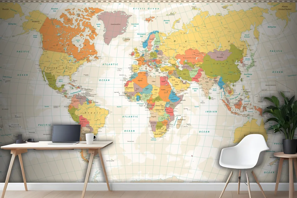 Old Retro World Map With Lakes And Rivers Wallpaper Mural