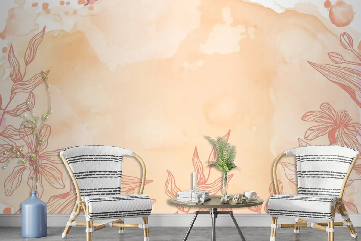 Orange Powder Pastel With Hand Drawn Flowers Background Wallpaper Mural