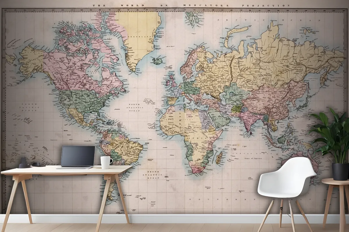 Original Old Hand Coloured Map Of The World Wallpaper Mural