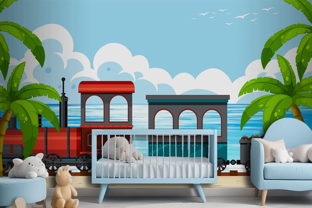 Outdoor Scene With A Steam Locomotive Train Boys Wallpaper Mural