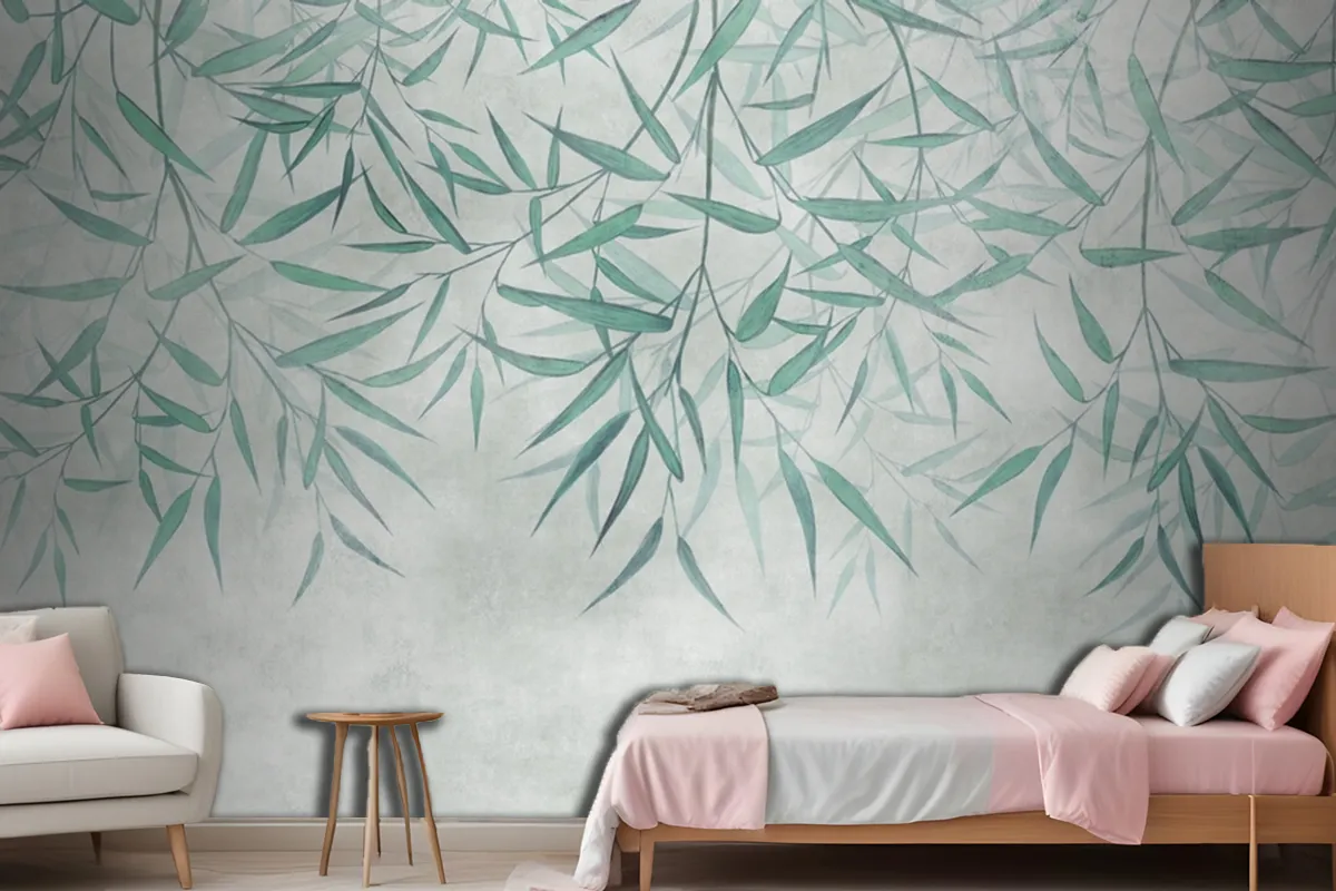 Painted Reed Bamboo Leaves Hanging From Above On A Textured Background Wallpaper Mural