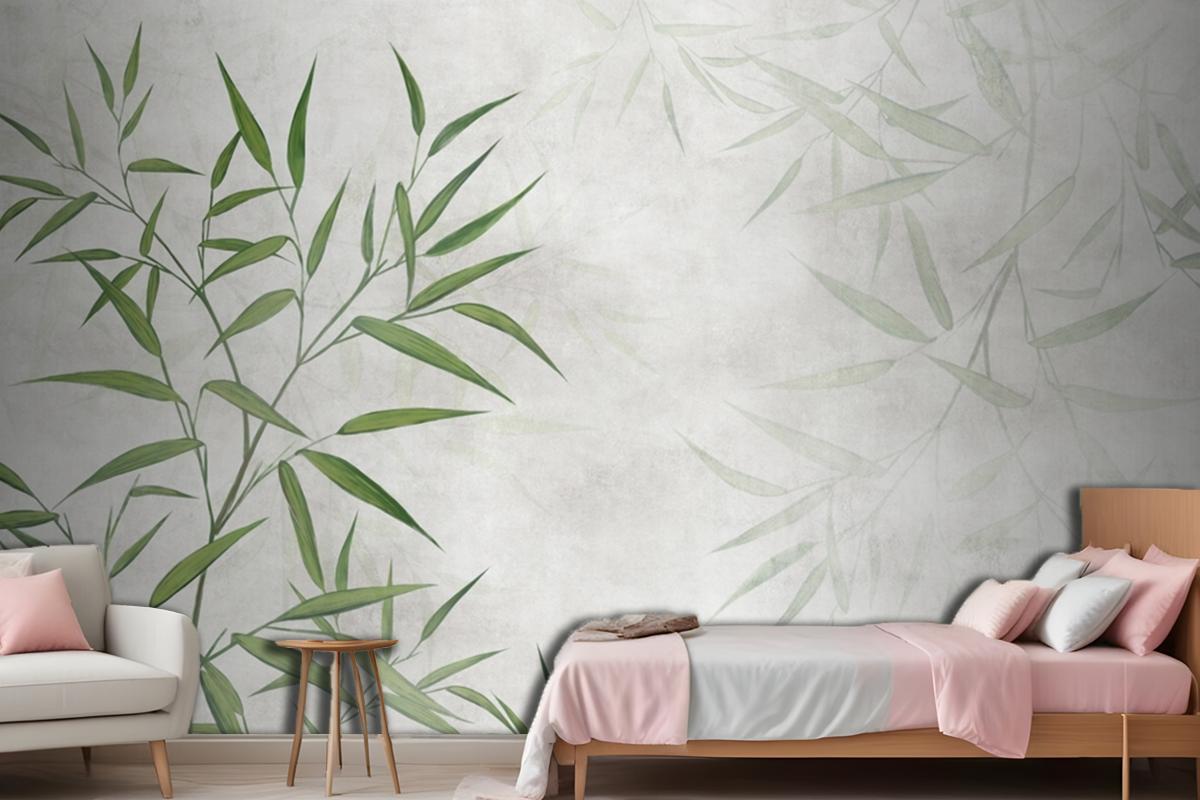 Painted Reed Bamboo Leaves On A Textured Background Wallpaper Mural