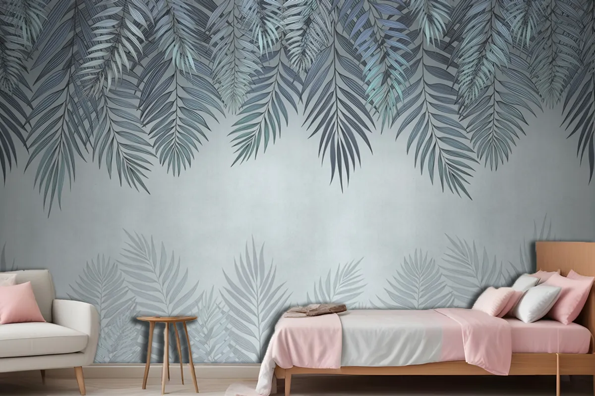 Palm Leaves In Pale Blue Flowers Wallpaper Mural