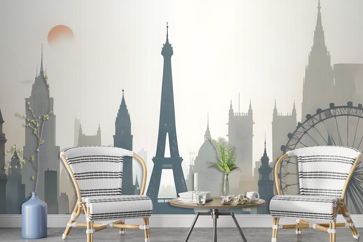 Paris City With Eiffel Tower And Amusement Park Wallpaper Mural