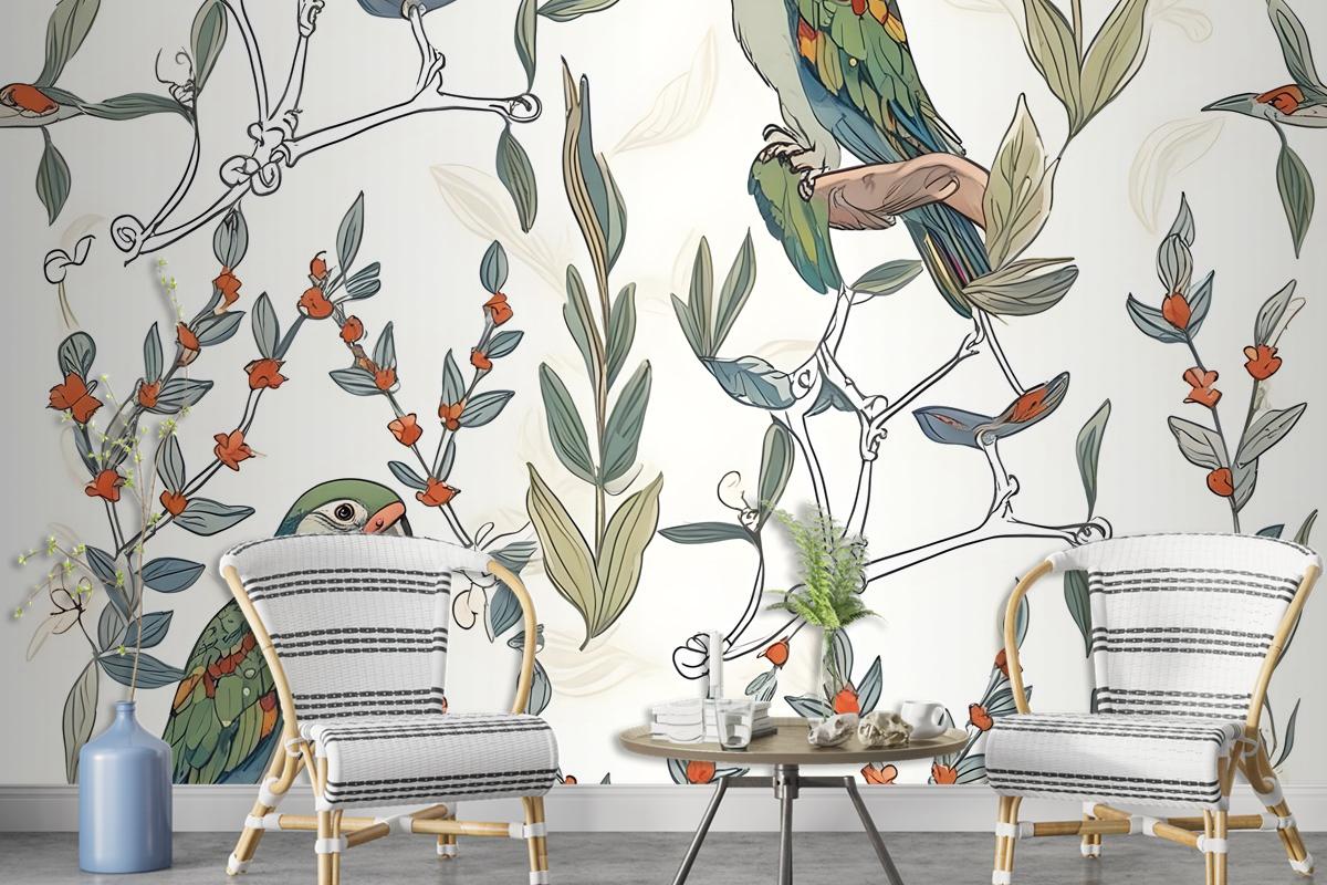 Parrot On Branches Wallpaper Mural