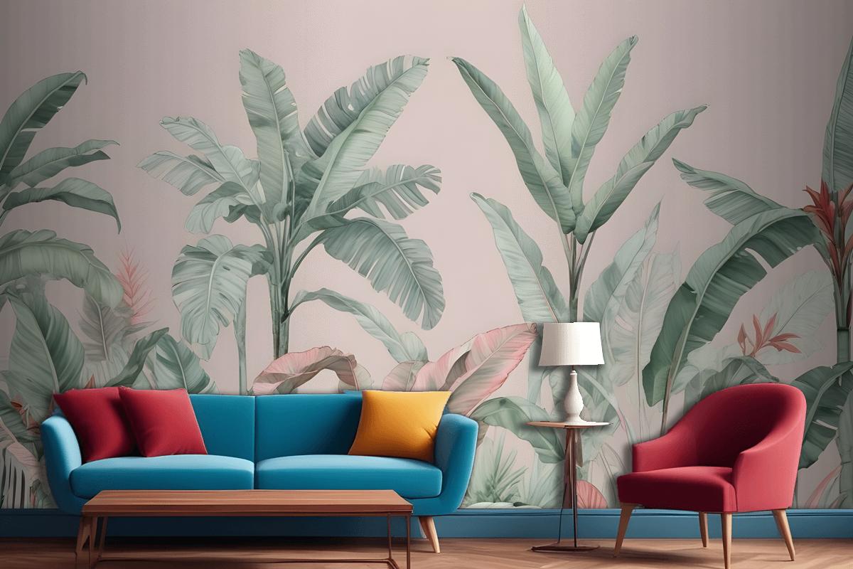 Pastel Pink & Green Vintage Tropical Wallpaper Mural