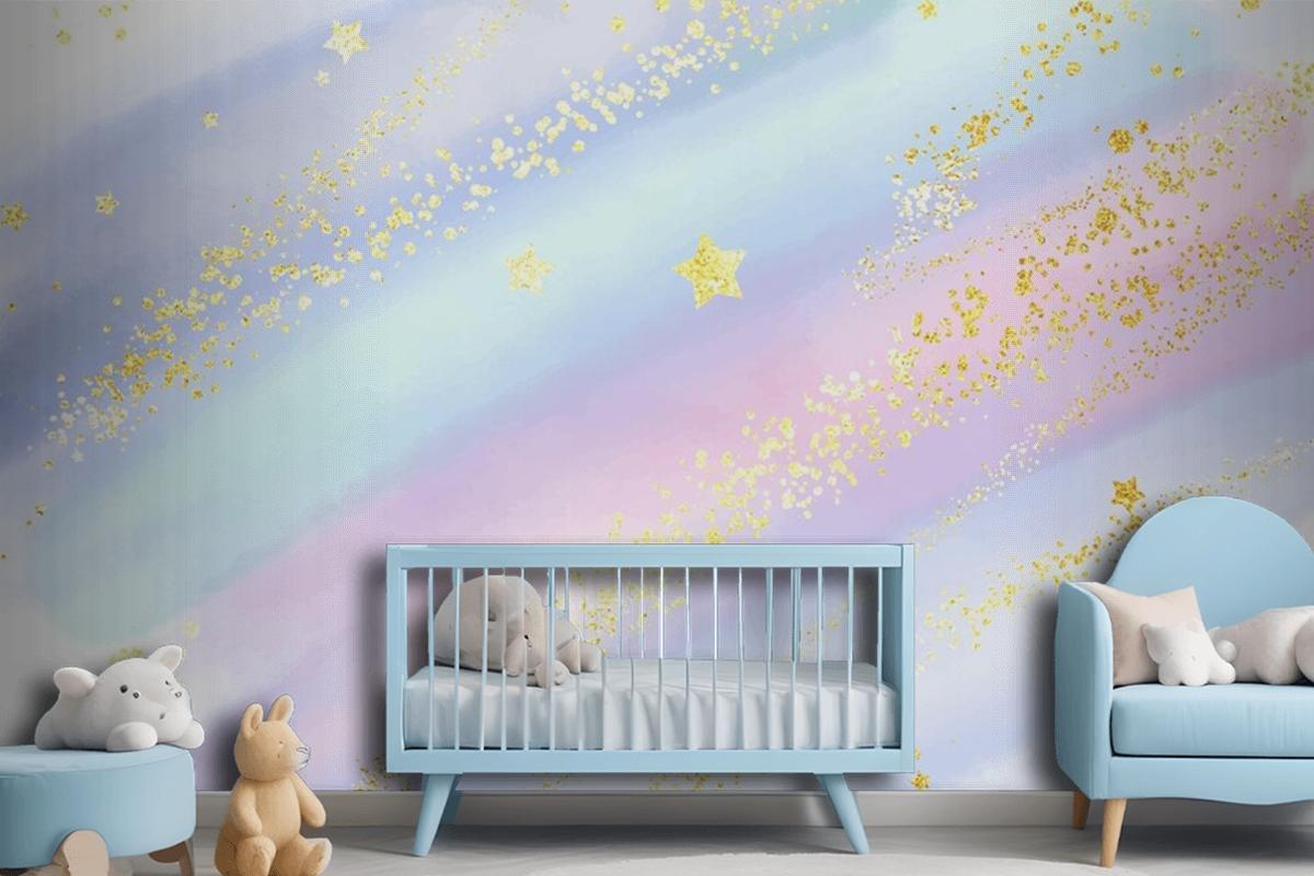 Pastel Watercolour Background With Glittery Gold Stars And Confetti Wallpaper Mural