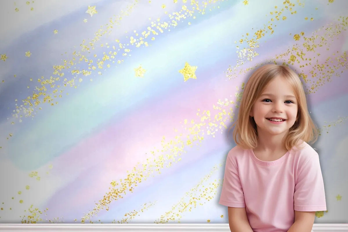 Pastel Watercolour Background With Glittery Gold Stars And Confetti Wallpaper Mural