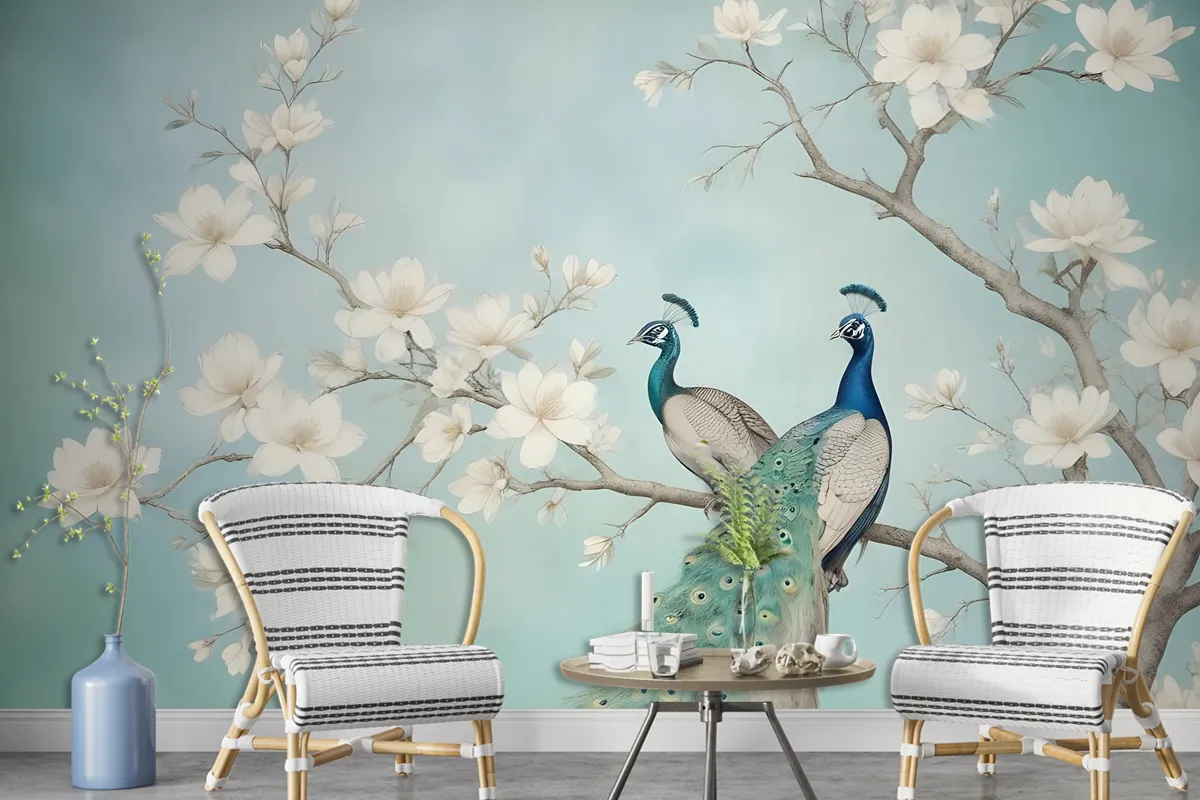 Peacock With Magnolia Blossom Wallpaper Mural