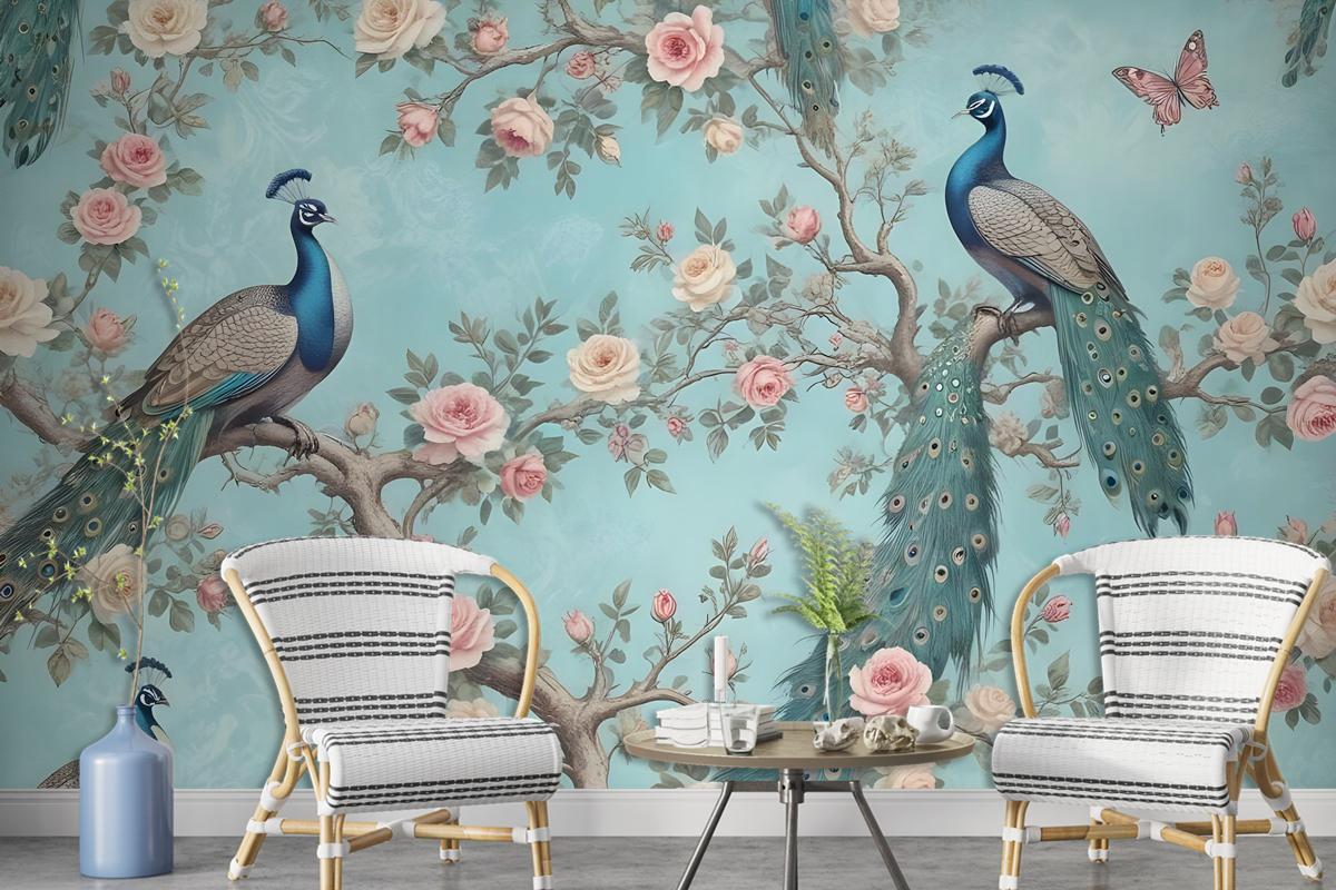 Peacock With Peony Blossom Wallpaper Mural