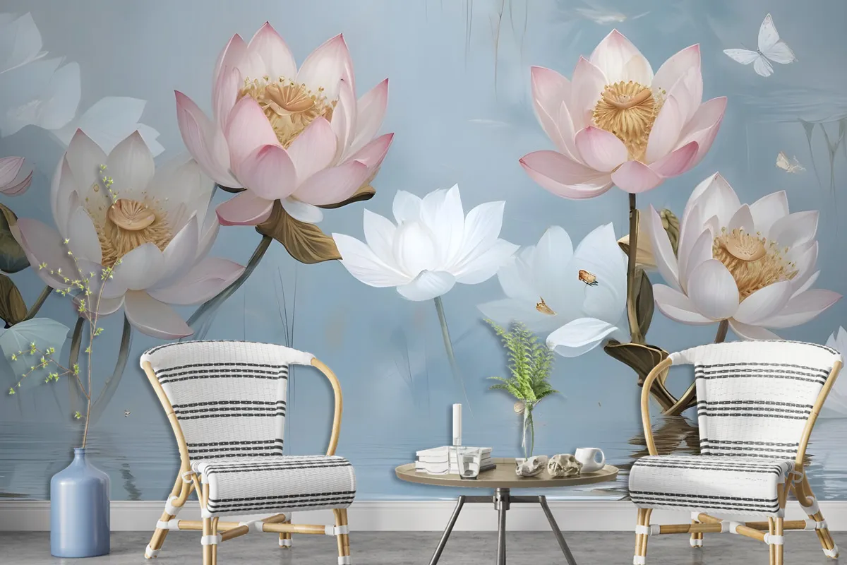 Pearl Lotus Flower And Little Butterfly Wallpaper Mural