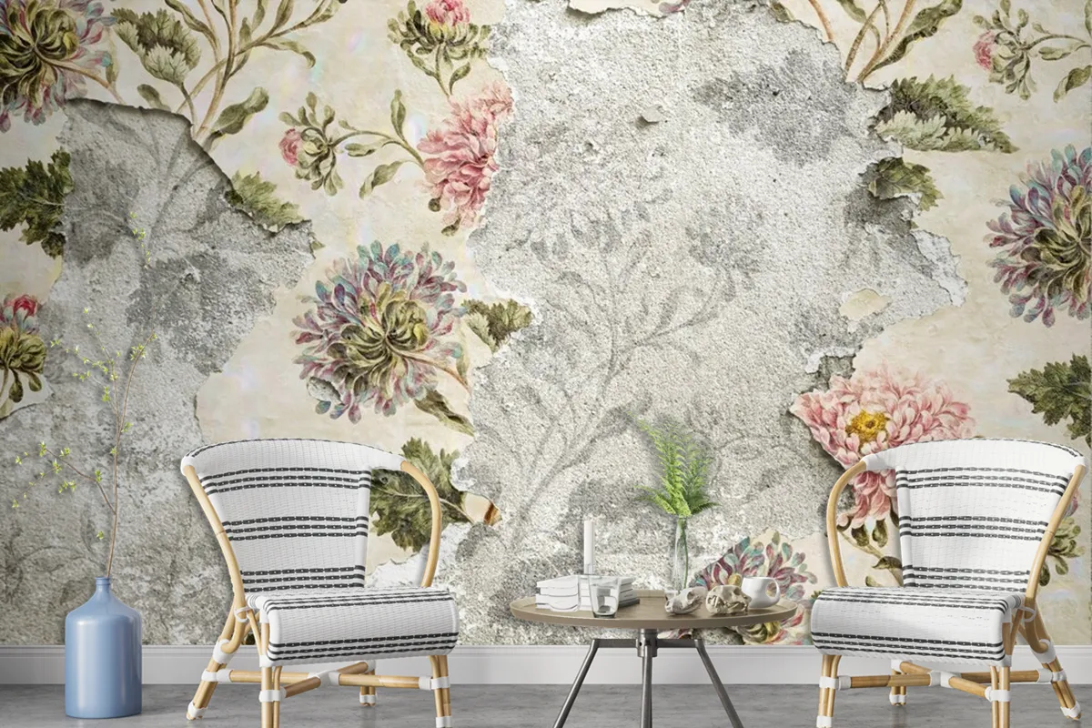 Peeling Floral Wallpaper On Concrete Wallpaper Mural