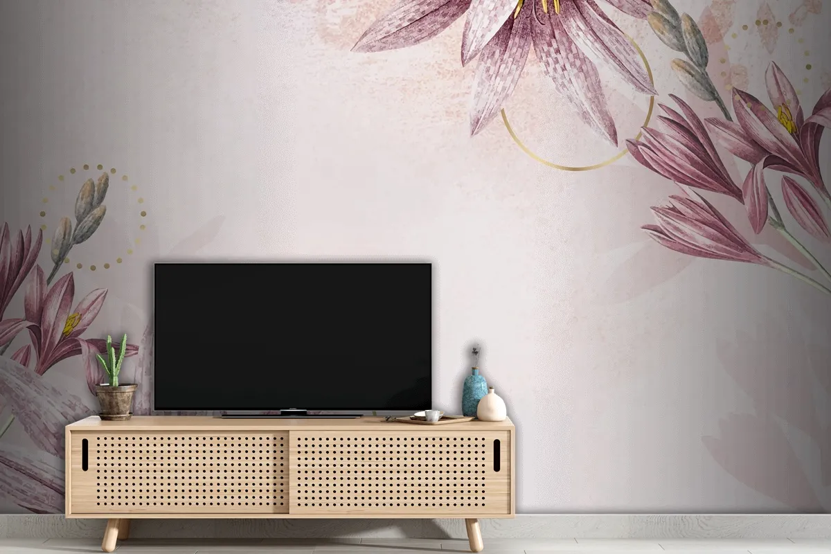 Pembe Amaryllis Desenli Arka Plan Tv Arkası Duvar Kağıdı